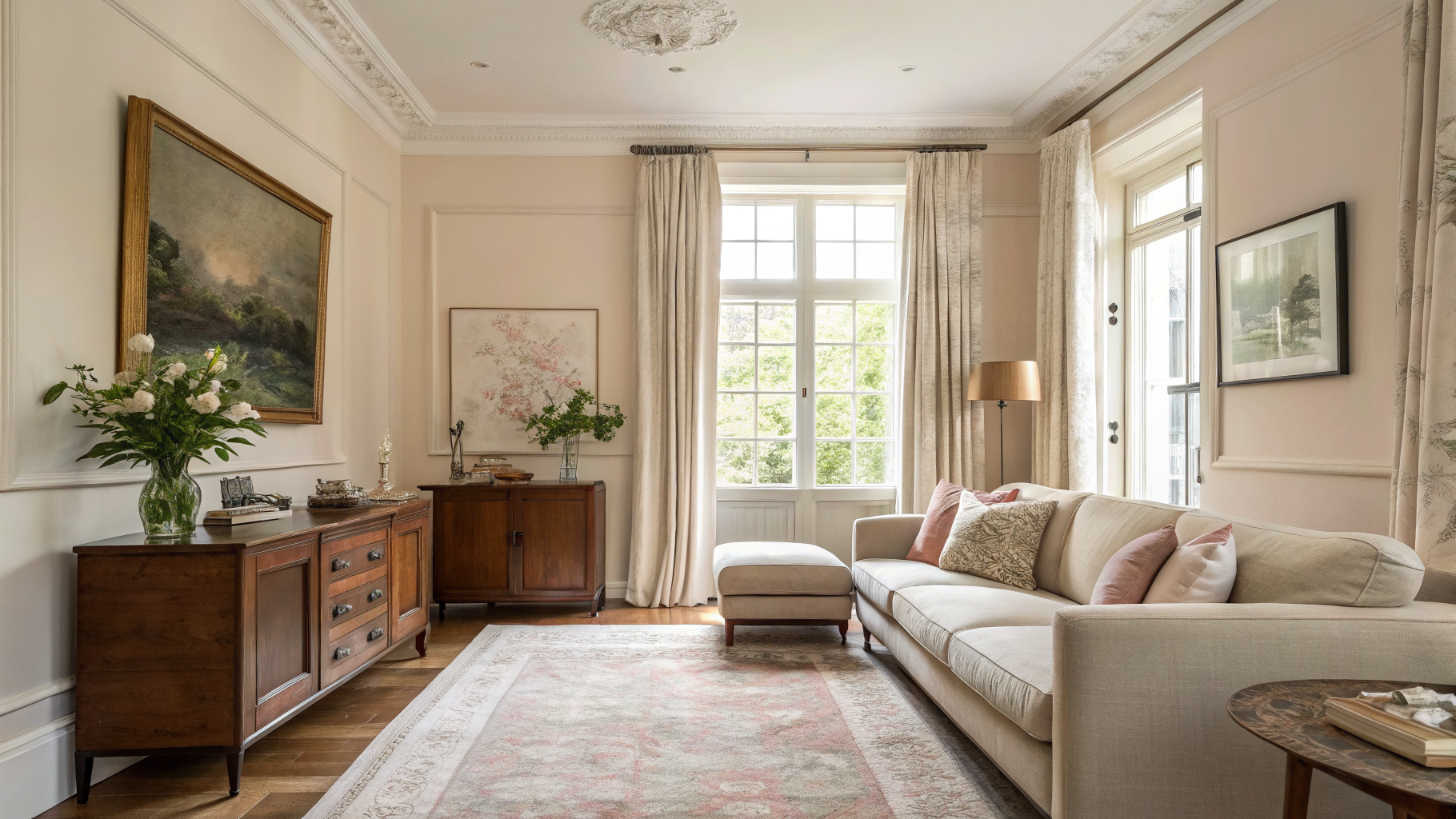 A calm, light-filled London living room in warm neutral tones