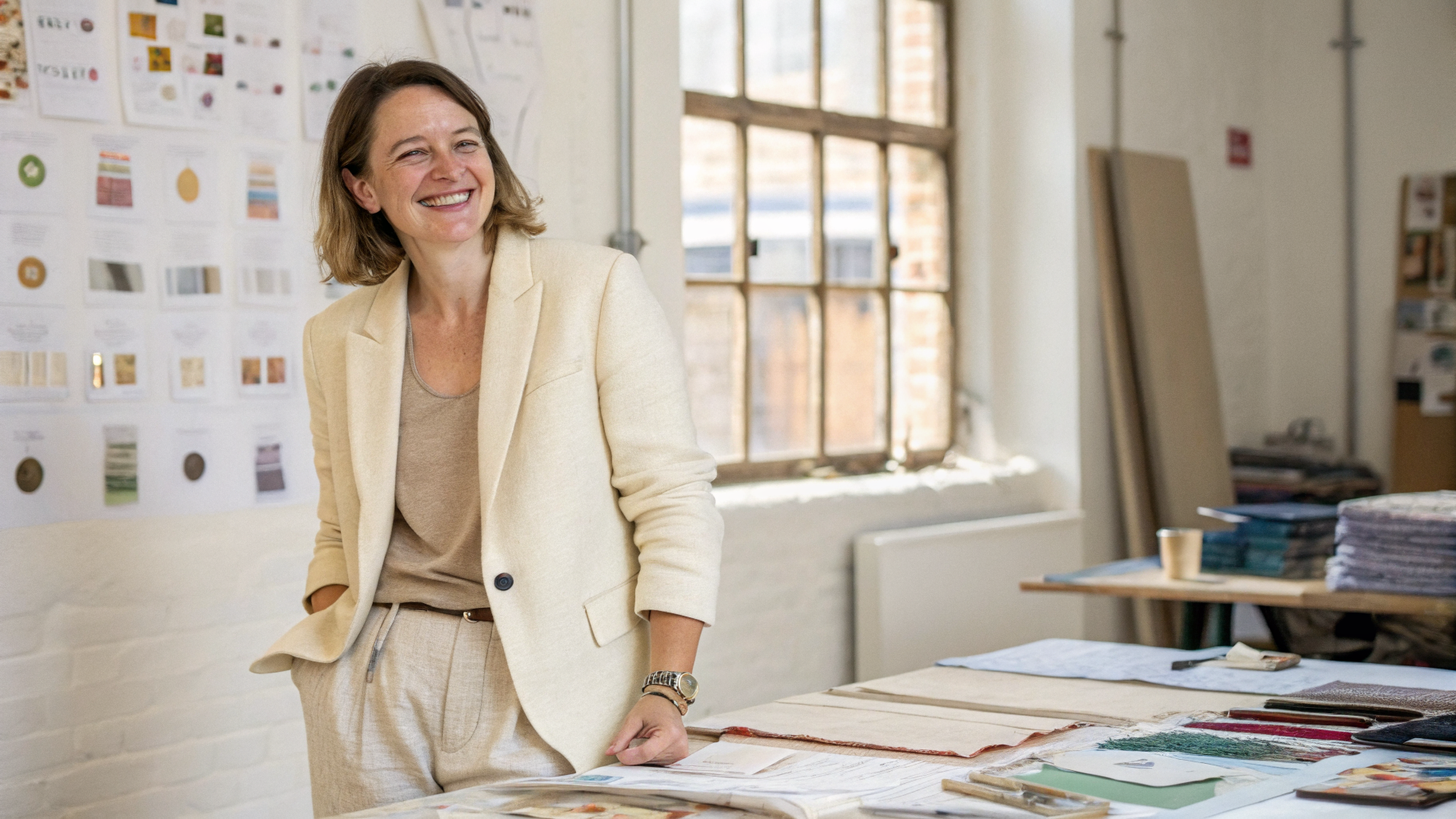 A smiling London interior designer in her studio